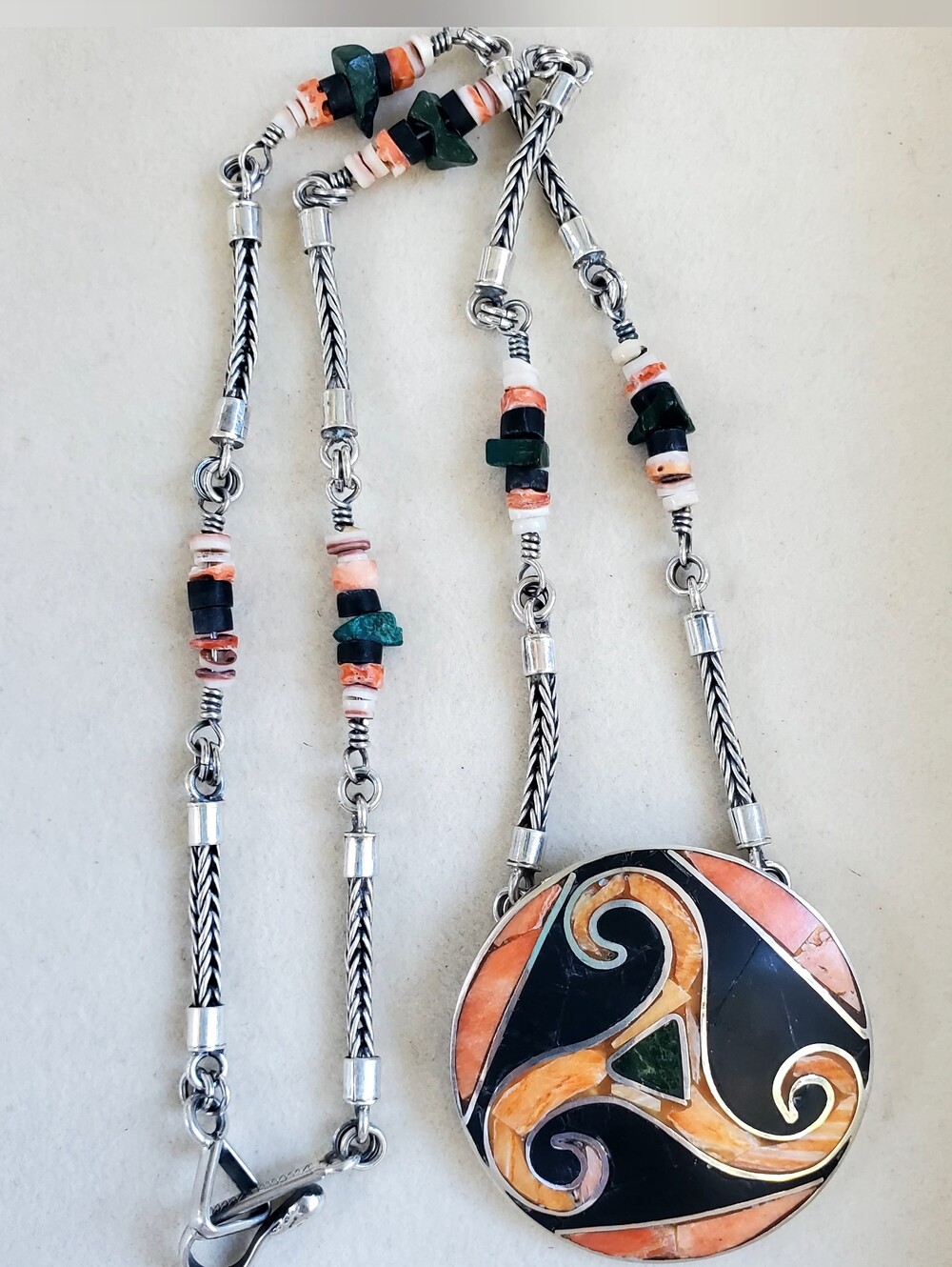 Fine 950 Silver Artisan Inlay Necklace - Multi-Stone & Shell Geometric Spiral